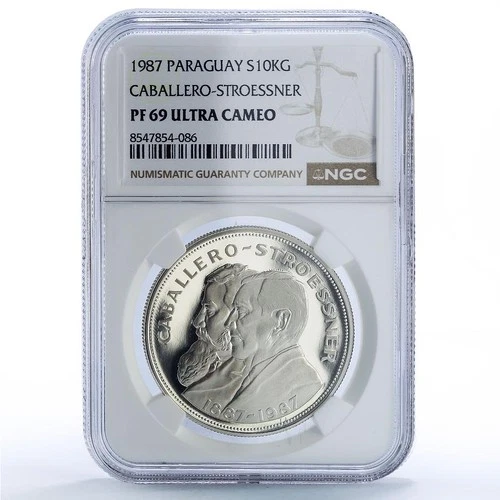 Paraguay 10000 guaranies Caballero Stroessner PF 69 NGC silver coin 1987