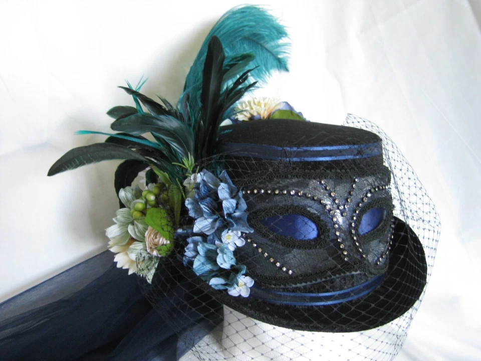 Sombrero de copa victoriano con velo facial, tul largo, pluma, máscara - disfraz - hecho a mano Foto 3 de 4