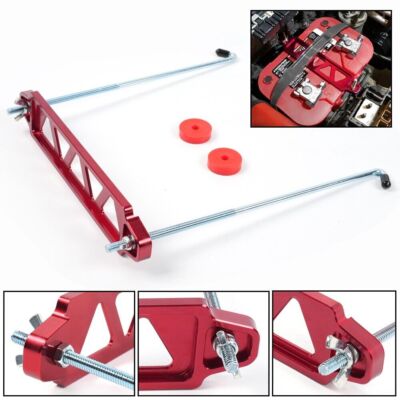 Aluminum Car Battery Hold Tie Down Bracket Mount Kit + 10'' J-Hooks Bolts RED