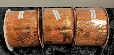NEW lot 3 rolls wired edge ribbon 2.5'' x 30  fall leaves orange metallic sheer
