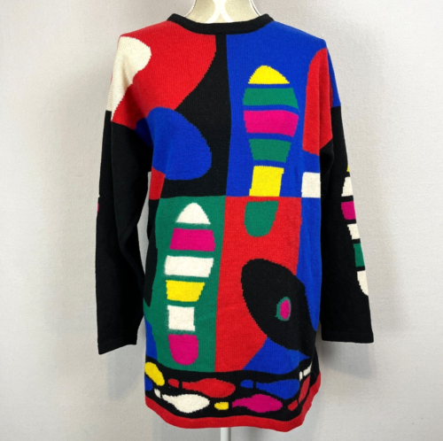 Vintage 90's Sweater MultiColor Block Geometric Footprint Design Funky Hip Hop
