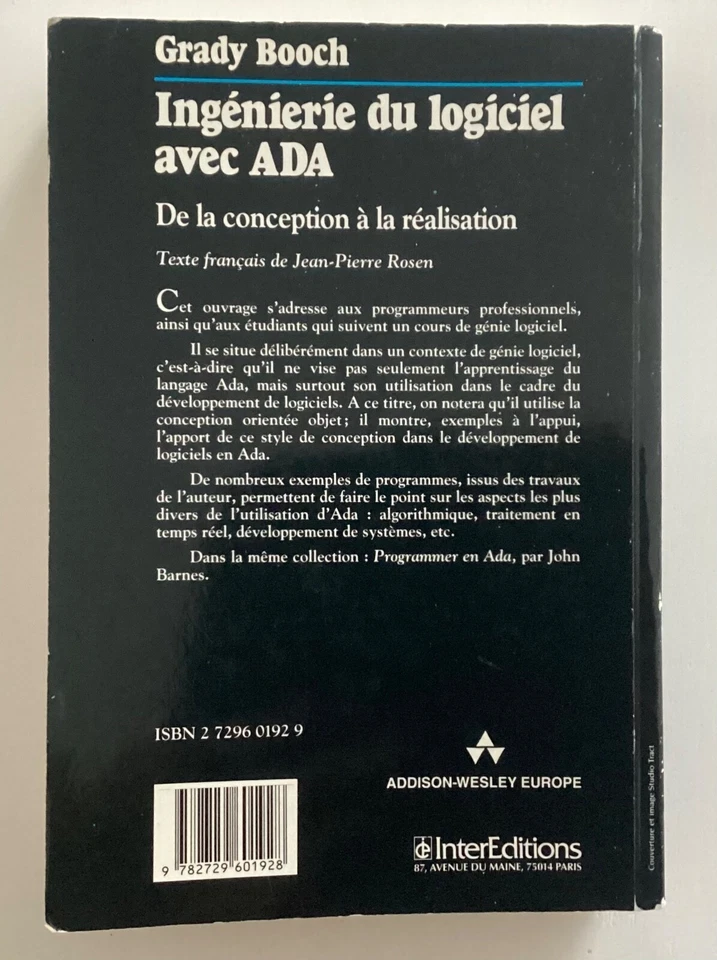 GRADY BOOCH. INGÉNIEURIE DU LOGICIEL AVEC ADA. INTEREDITIONS. 1988. 680 pages. - Photo 3/4