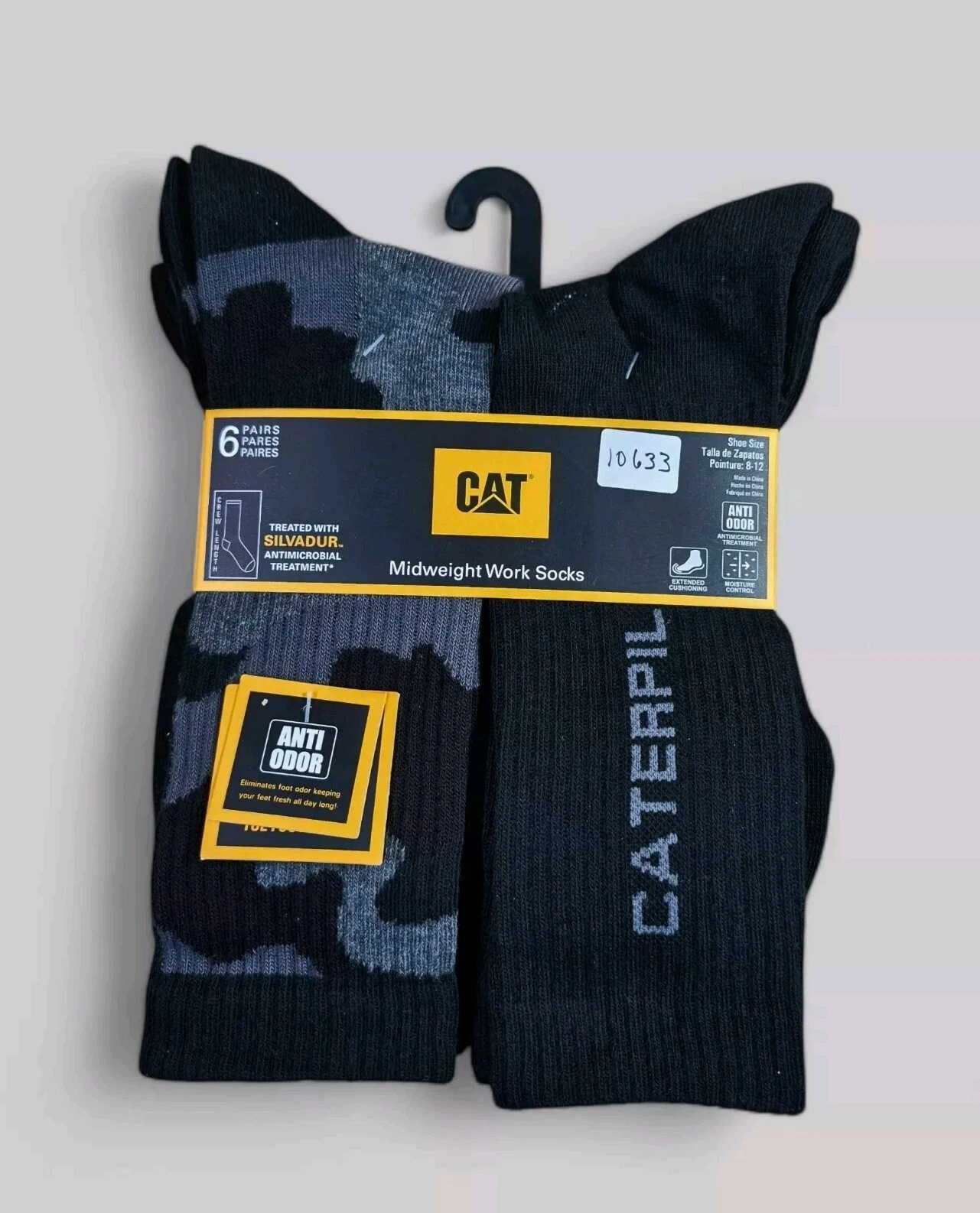 CATERPILLAR Mens Crew Socks Mid-Weight Boot Cushion Black 6 Pair Shoe Size 8-12