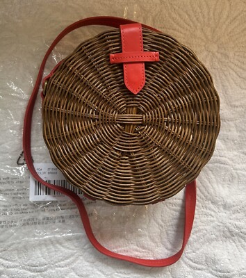 J Crew Round Crossbody Bag Brown Rattan Wicker Red Leather