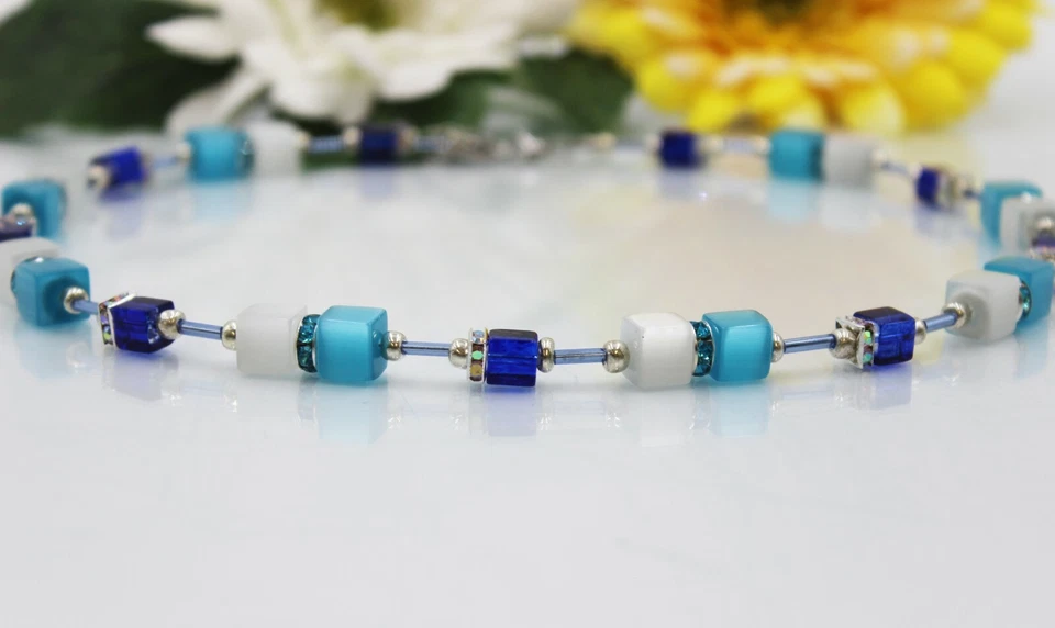 Würfelkette Perlen Halskette Würfel Cateye Blau Türkis Dunkelblau Damen #MA003 - Bild 4 von 4