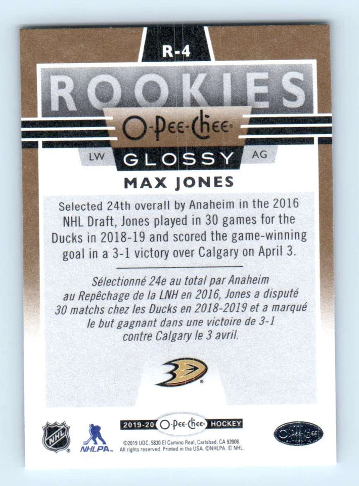 2019-20 O-Pee-Chee Glossy Rookies Gold Max Jones Rookie Anaheim Ducks #R-4 - Image 2 of 2