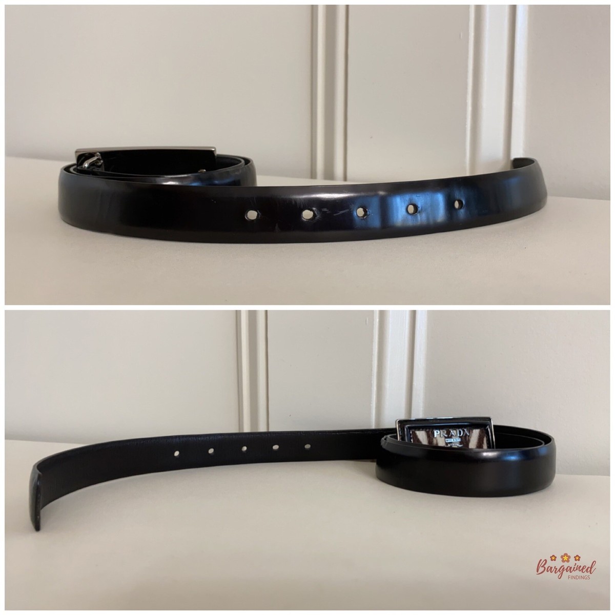 Authentic PRADA Black Patent Leather Silver Pony Buckle Logo 