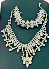 Rhinestone Necklace 16" choker adjustable Bracelet 8" Silver Tone Sparkles