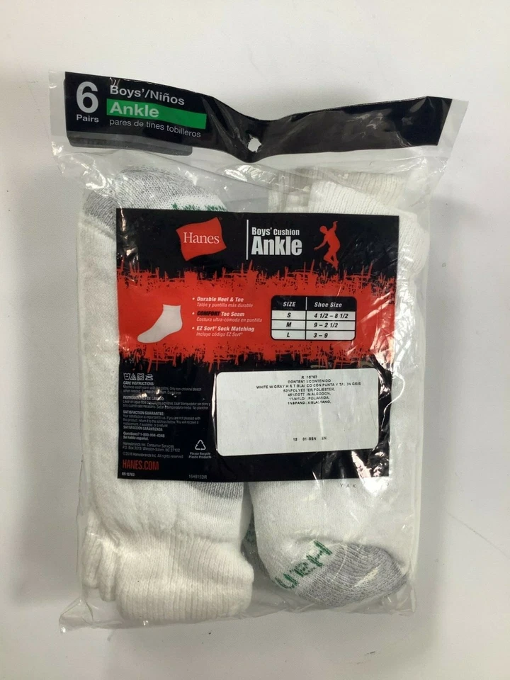Calcetines tobilleros blancos Hanes para niños 9-2,5 / paquete de 6 ¡NUEVOS! Foto 2 de 2
