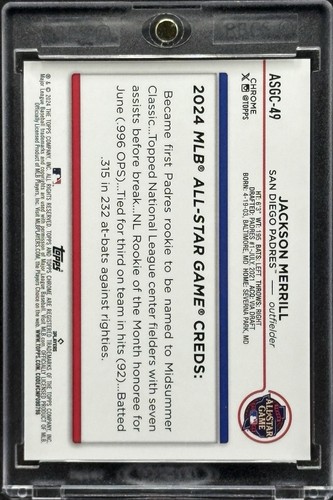 Carte Rookie Jackson Merrill - Topps Chrome 2024 Rose Réfracteur, Rare, San Diego Padres