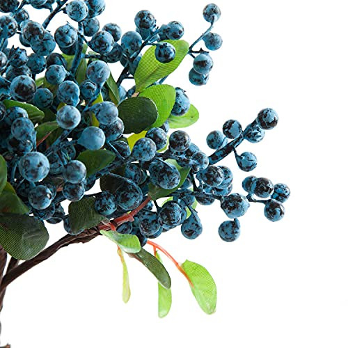 Artificial Blue Berry Stems Pack of 20 Fake Blue Berries with Green Leaves - Picture 7 of 8