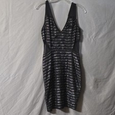 Dots Y2K Black Silver Metallic Stripe Bodycon Mini Dress Womens M V-Neck Mesh