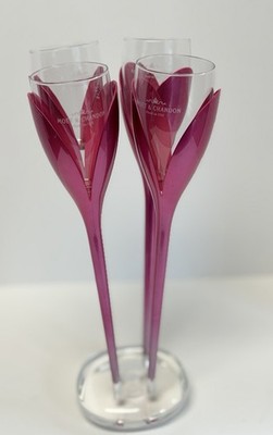 Moet & Chandon Champagne Fluted Glasses Etched 4pc Rosé Floral In Base EUC