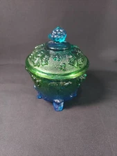 Vintage Jeanette Glass Green Blue Grape Leaf Footed Candy Jar With Lid