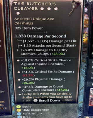 DIABLO 4 SEASON 10 THE BUTCHER'S CLEAVER 4 GA -High roll  8x% Aspect