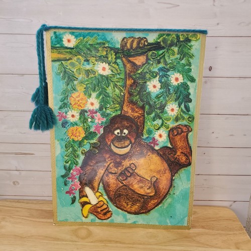 Vintage Hallmark Bild Haustiere Affe Banane MCM Kitsch Kunst Geburtstagskarte mit Quaste - Bild 1 von 9