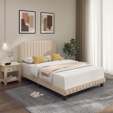 Full Upholstered Bed Frame with linen fabric vertical lines Rivets headboard
