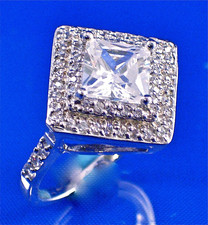 STERLING SILVER PRINCESS CUT CZ CENTER  PAVE SET ROUND CZ STEP RING, SZ-7