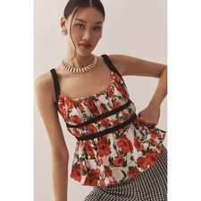 Maeve by Anthropologie Ditali OpenBack Peplum Tank Top Red Floral Smocked Straps