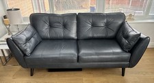 NAVY LEATHER SETTEE 191cm x 94cm AND POUFFE