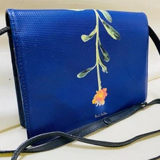 Paul Smith Floral Crossbody Shoulder Bag Purse Leather Blue USED Good Condition