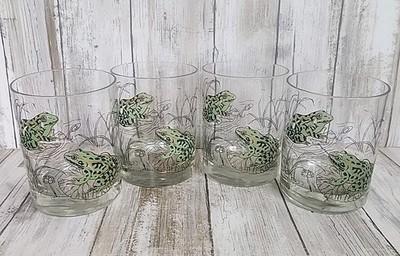 VTG Taste Setter Frog Rocks Glasses Set Of 4, Green Reeds Lily Pads Tastesetter