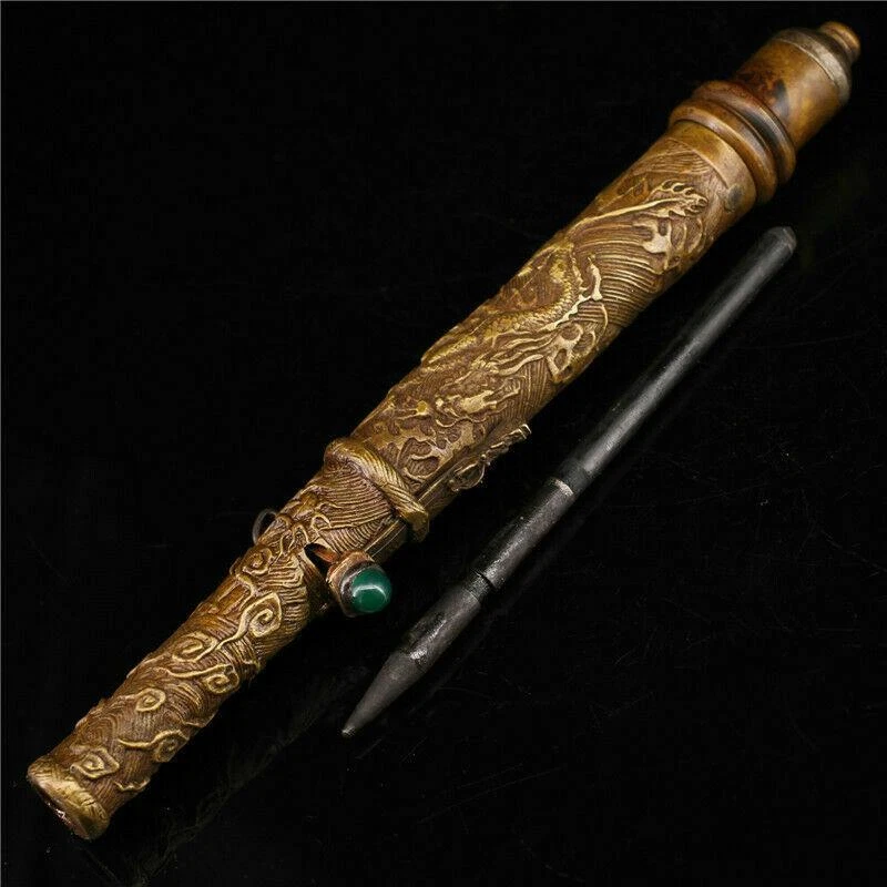 8.66" Antique Chinese purple copper inlay gem Dragon head Sleeve arrow sword - Image 2 of 4