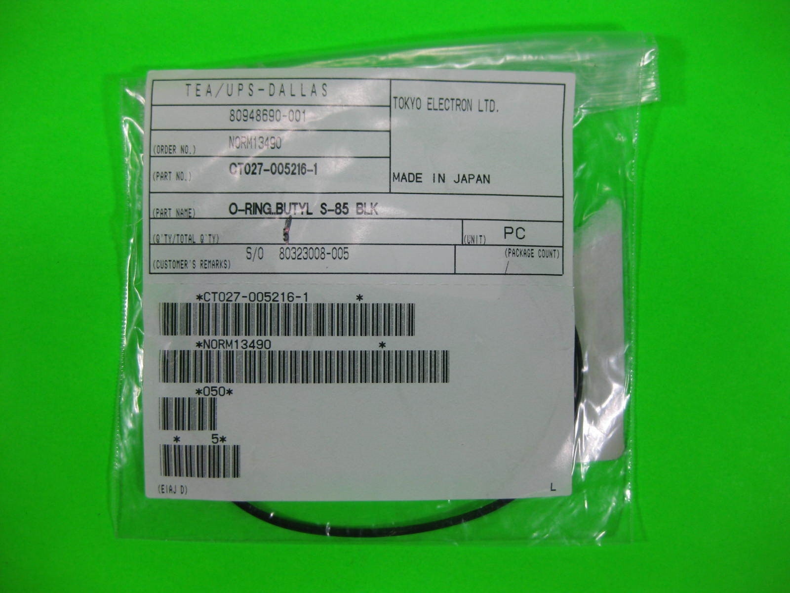 Tokyo Electron, TEL O-Ring Butyl S-85 Blk -- CT027-005216-1 -- New
