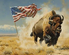 8x10 Matte Print Bison Charging with U.S. Flag Fluttering