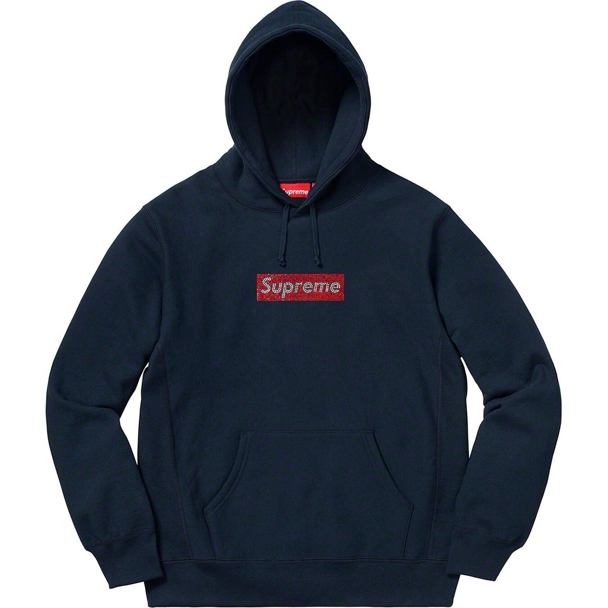 Brand New Supreme Swarovski Bogo Box Logo Medium Navy Hoodie NEVER 