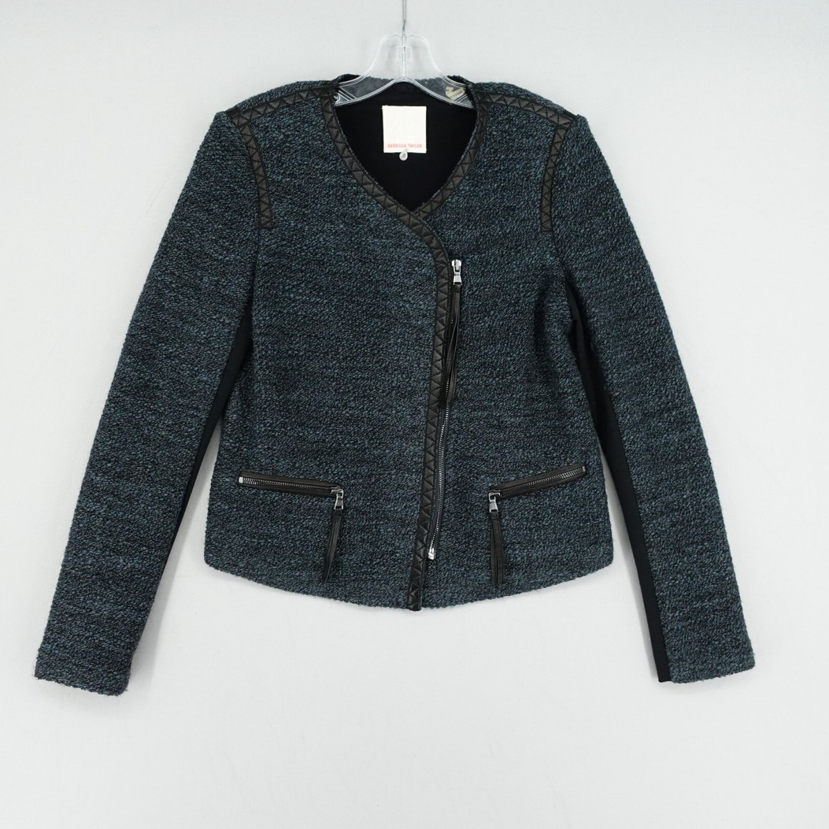 Rebecca Taylor Tweed Jacket Womens 8 Blue Full Zip Asymmetrical