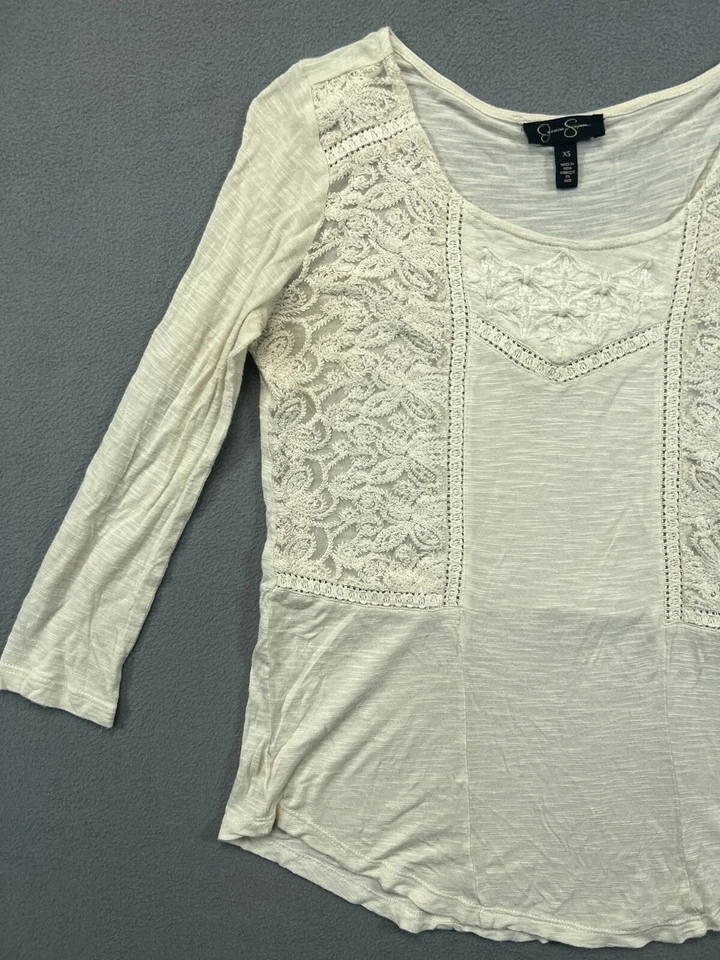 Camisa Jessica Simpson Mujer XS Extra Pequeña Beige Encaje Manga Larga Top Damas Foto 3 de 4