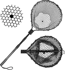 Rubber Fishing Net - Large Folding Landing Net with Collapsible Aluminum Pole Ha