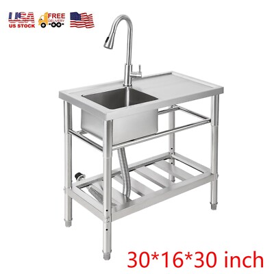 Stainless Steel Commercial Sink Kitchen Utility Sink 1 Compartment W/ Prep Table