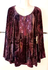 NEW UNITY WORLD WEAR PURPLE BELL SLEEVE TIE NECK SEQUIN LACE TRIM VELVET TOP XL