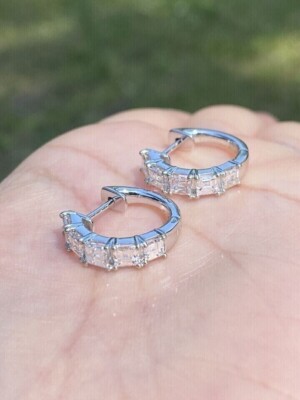 14k White Gold Plated 2.50Ct Asscher Cut Simulated Diamond Huggie Hoop Earring