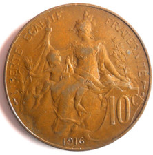 1916 FRANCE 10 CENTIMES - Excellent Vintage Coin - FREE SHIP - France Bin #5