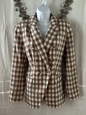 Women s Nine West Double-Breasted Checkered Blazer Gray Copper Off-White Size M