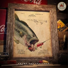 Vintage Heddon Fishing Lure Patent Art Print Largemouth Bass Fish Cabin Decor