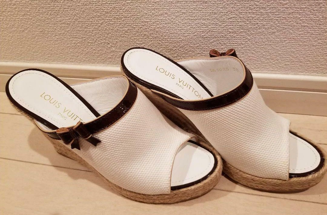 LOUIS VUITTON White Canvas Wedge Sole Mule Sandals EUR Size38 Women's NEVER  USED