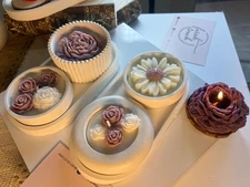 Handmade Scented Flower Candle Set– 4 Gypsum Mold Candles + 2 Trays, Natural Wax