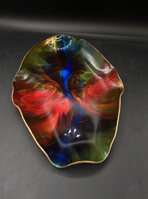 SEETUSEE Art Glass by Mayfair Ruffled Bowl Leather Backed Abstract Design MCM