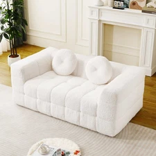 66.5'' White Modern Boneless Couch w Circular throw pillow, Two-Seater Foam Sofa