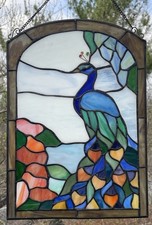 Stained Art Glass Window Suncatcher Panel Peacock Nouveau Neo Deco Decor