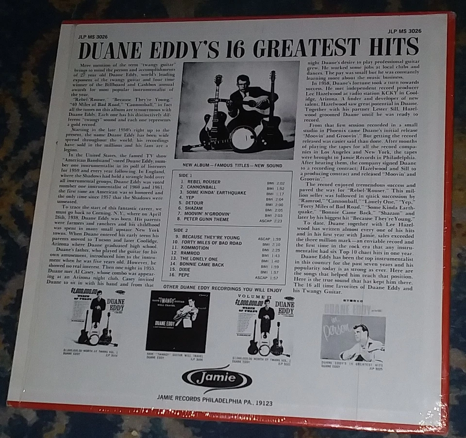 DUANE EDDY'S 16 GREATEST HITS / DUANE EDDY 1964 JAMIE LP in Original Shrinkwrap - Imagem 2 de 3