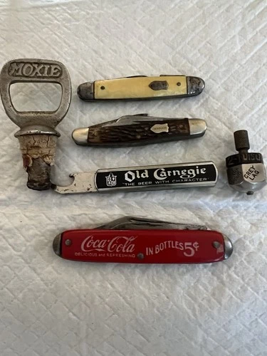 Moxie Opener, Vintage Coca Cola Knife, Two Old KnifesOld Carnegie Opener,