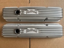 New Edelbrock Classic Finned Aluminum Valve Cover Set 4144 Chevy Sb Polished Fin