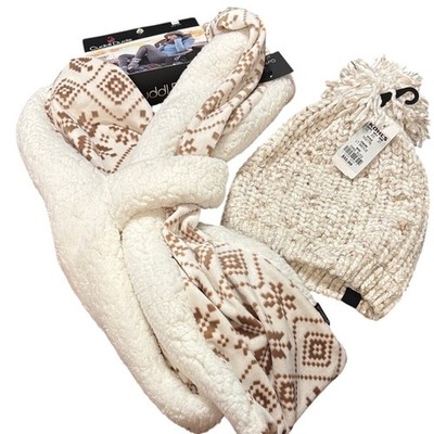 Cuddl Duds Nordic Pull through Scarf & Chenille Hat in Oatmeal Winter Fall NEW
