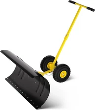 Snow Pusher with Wheels, 29.5" T-Shape Snow Shovel, Adjustable Angle & Height