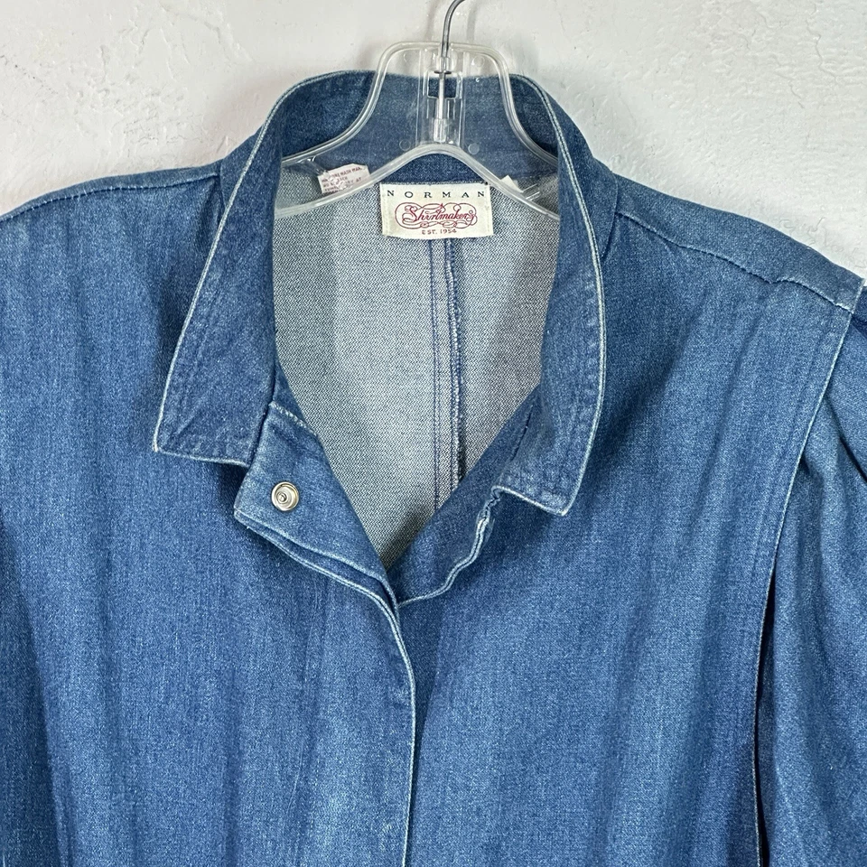 Vtg 80s Norman Shirtmaker Denim Duster Coat Women 8 Blue Cotton Pockets Maxi - Image 2 of 4